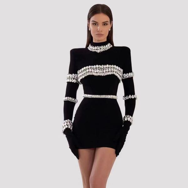 

casual dresses luxury party women long sleeve crystal bandage black bodycon dress evening gowns autumn spring 5023