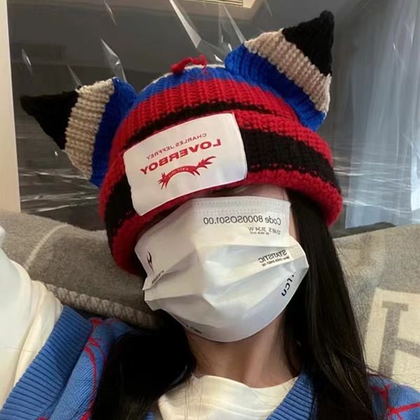 

Street Kpop Ear beanie Hendery Knitted Cat Hat Cute Same Leeknew Lov Hyunjin bonnet Beanies Caps Children wint on, Grey