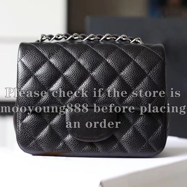 

12A Upgrade Mirror Quality Classic Mini Square Flap Bag Womens Genuine Leather Caviar Lambskin Quilted Bag Designer Black Purse Handbag Shoulder Gold Chain Box Bags, Black caviar
