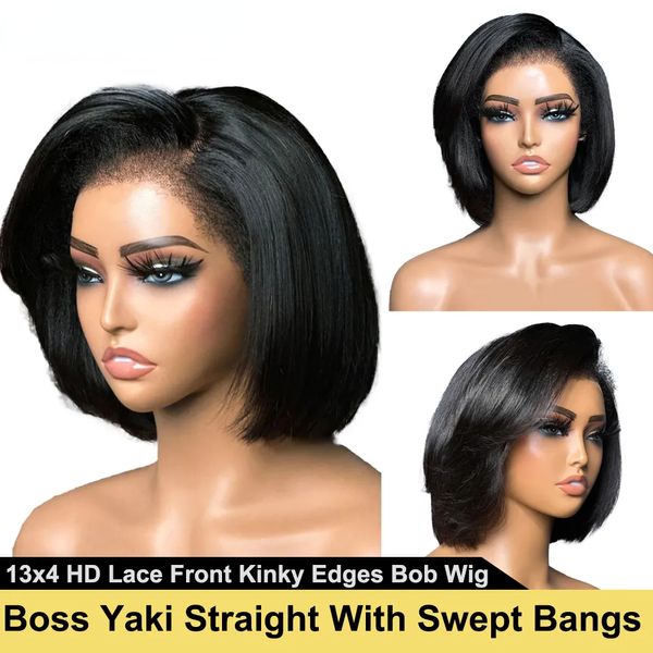 

Mogolian Hair Boss Yaki Straight Bob Wig With Swept Bangs New Trend Younger Kinky Edges 13X4 HD Lace Frontal Wig Yaki Synthetic Wig For Women, Mix color