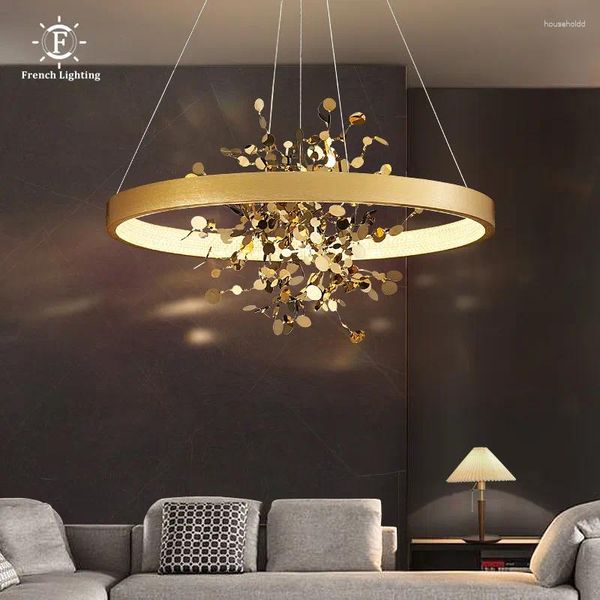 

Modern Pendant Lamps Gold Ceiling Chandelier For Dining Room Copper Round Ring Lights Cloth Store Coffee Decor