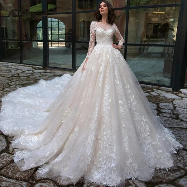 

Exquisite Tulle Wedding Dress O-Neck Appliques Long Sleeves Lace Up Bridal Ball Gown Illusion Button Vestido De Novia, Champagne