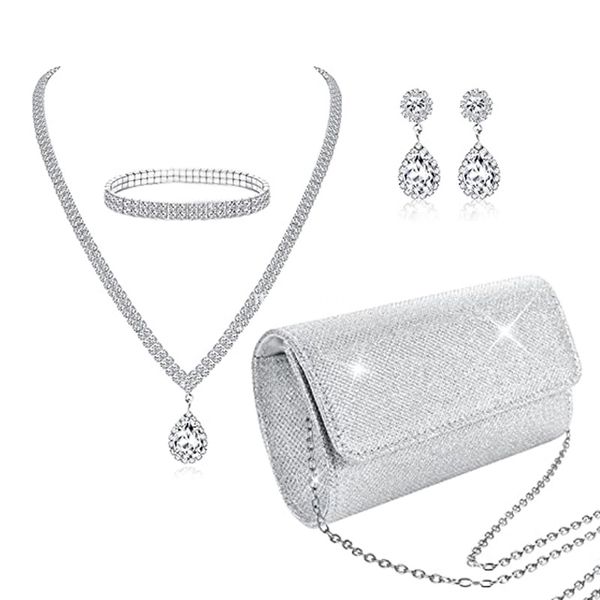 

Bridal jewelry set stylish simple diamond bracelet earrings necklace PU sequin clutch dinner bag four-piece set, Silver