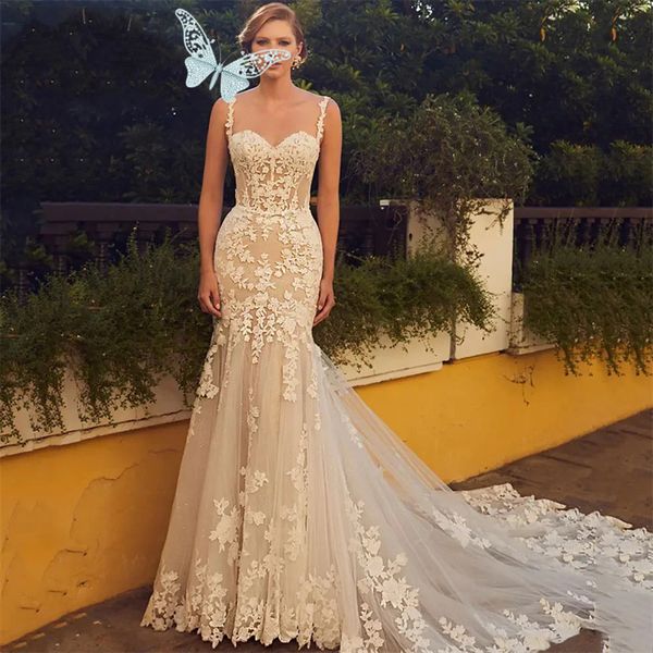 

Elegant Sweetheart Wedding Dress Spaghetti Straps Lace Appliques Zipper Back Floor Length Bridal Gown Vestido de Novia, White