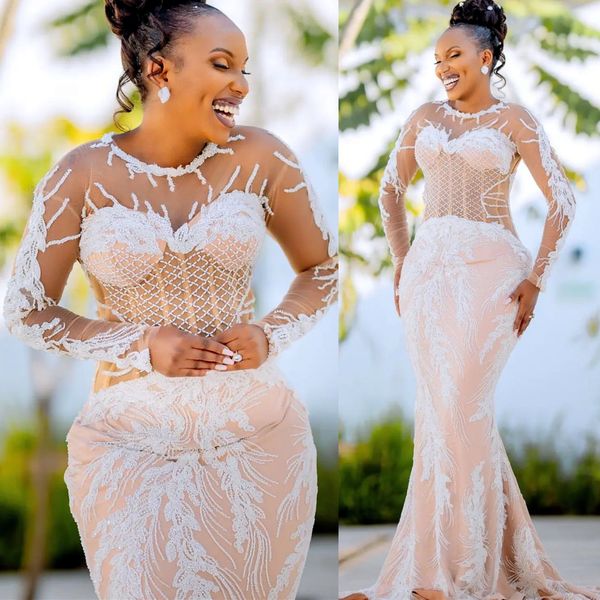 

2024 Arabic Aso Ebi Plus Size White Illusion Mermaid Wedding Dresses Lacefull Beaded Vintage Bridal Gowns Dress ZJ64, Pink