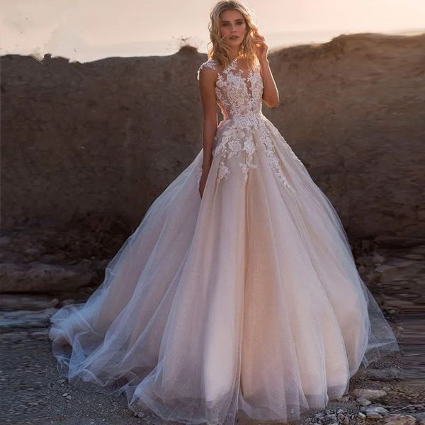 

New Sexy Garden Beach Tulle Wedding Dresses Sheer Neck Deep Lace Robe De Soiree Long Applique Boho Brdial Gowns, Champagne