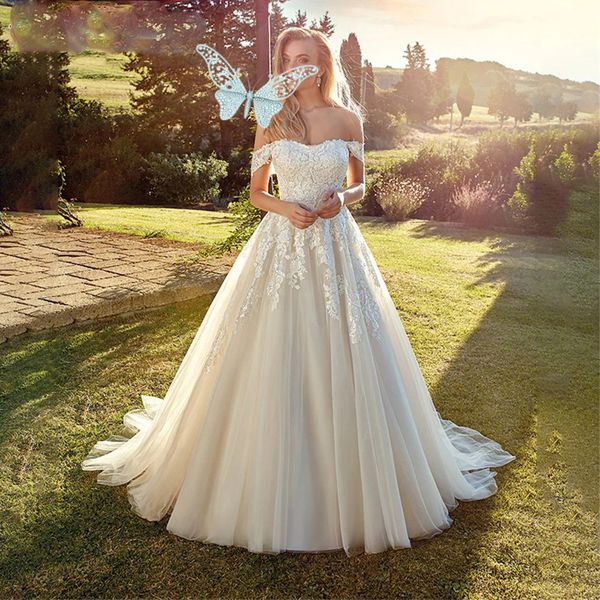 

Elegant Sweetheart Wedding Dress Off the Shoulder Lace Appliques Backless Tulle Bridal Gown Button Vestidos De Novia, Champagne