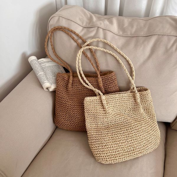 

Single shoulder large capacity bag hand-held simple leisure woven bag beach vacation bag rattan woven bag women's bag, Coffee