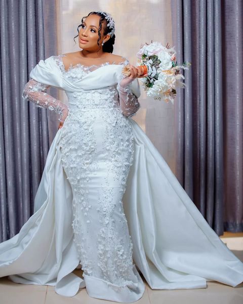 

2024 Arabic Aso Ebi Plus Size Ivory Mermaid Wedding Dresses Floral Lace Full Sleeves Detachable Train Bridal Gowns Dress ZJ354, Red & white