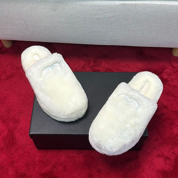 

Mules Designer Womens Wool Slippers Winter Indoor Soft Plush Platform Flat Slippers Classic 4 Colors Black White Pink Khaki, Grey