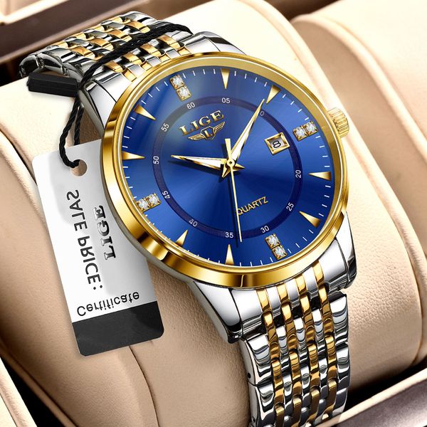 

LIGE Men's Business Quartz Watch Stainless Steel strap Classic dial Men's Waterproof Watch Three pin Calendar watch Holiday gift Ultra-thin case, Golden white