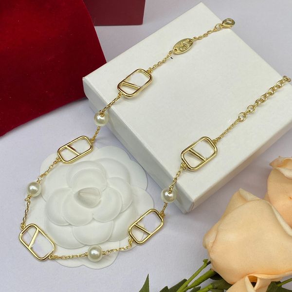 

Luxury Brand Necklace Letter Pendant High Quality Gold Designer Choker Chain Crystal Pearl Necklace Wedding Jewelry Gift with Box
