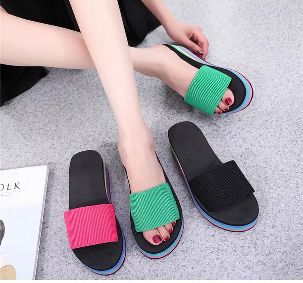 

Fashion Women's Summer rubber Black green pink Hoof Heels Slippers Multi colored flip flops Indoor non slip bathroom slippers Beach sandals Size 36-41, Blue