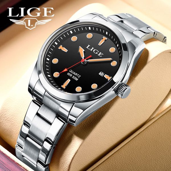 

LIGE Mens Watches 5ATM Sports Waterproof Quartz Wristwatch Luminous Clock Ultra Thin Date Watch for Men Relogio Masculino+Box, Golden black