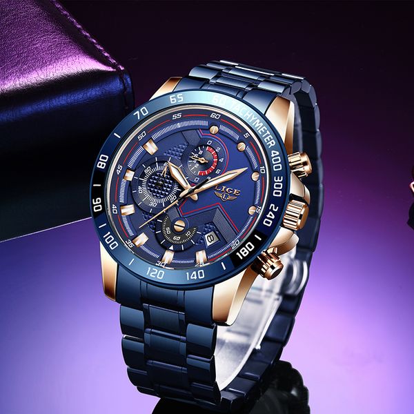 

LIGE Men Watch Sport Chronograph Watch for Men Fashion Stainless Steel Quartz Wristwatches Luminous Man Clock, Rose black