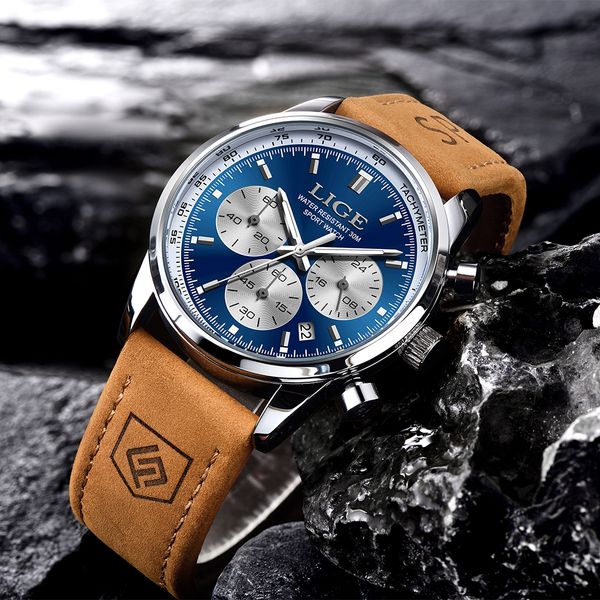 

LIGE Luxury Mens Watches High Quality Waterproof Chronograph Luminous Man Wristwatch Leather Men Quartz Watch Casual, Silver