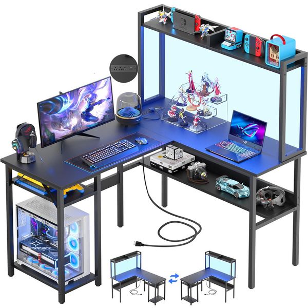 

L Shaped Gaming LED Strip and Power Outlets L-Shaped Computer Storage Shees Corner with Hutch 2 Person Home Office Desk Black Oak Z016