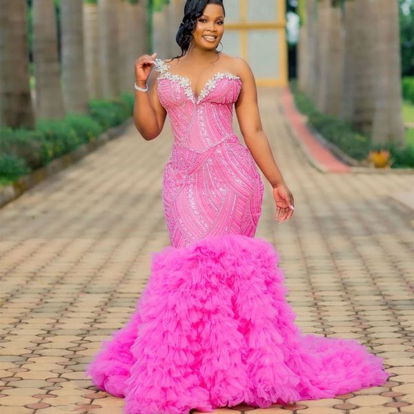 

2024 Plus Size Hot Pink Mermaid Prom Dress Lacefull Promdress Tiers Crystals Evening Formal Party Second Reception Birthday Engagement Gowns Dresses ZJ643, Gray