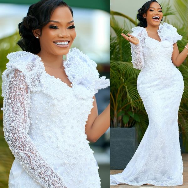 

2024 Arabic Aso Ebi Plus Size White Mermaid Wedding Dresses Lacefull Pearls Full Sleeves Bridal Gowns Dress Vestidos De Novia ZJ406, Black