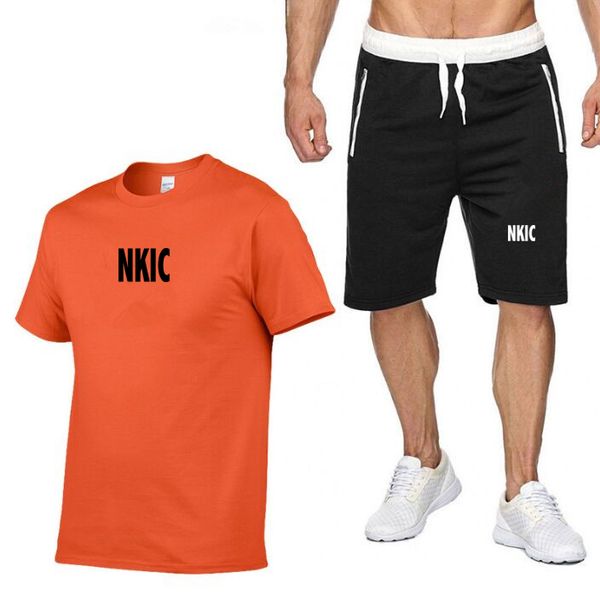 

men's Brand sportswear fitness set running suit casual T-shirt shorts set breathable jogging sportswear 2-piece set for men Plus Size S-2XL, Orange 1