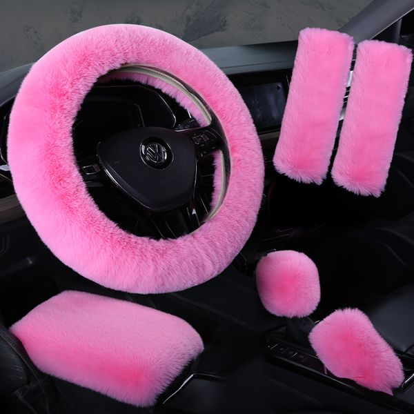

6pcs/set Plush Shoulder Pads Armrest Cushion Handbrake Shift Gear Pink Fluffy Fur Car Steering Wheel Cover Set
