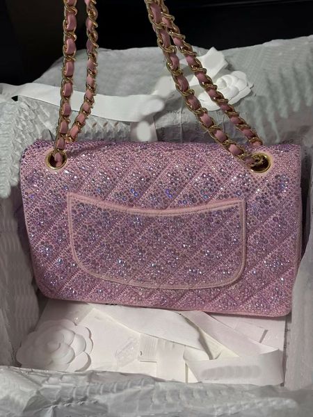 

Top Designer Crystal Beads Classic Flap Gold Hardware Hasp Embed Heavy Chain Shoulder Bags Bg White Dia Real Calf Leather Handbags Wedding Purse, Pink