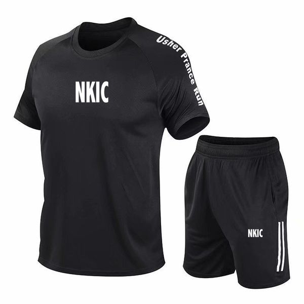 

Summer Running Training Fitness Set Men's Fashion Brand Printed T-shirt Shorts Casual Elastic Mesh Breathable Two-piece Set -5XL, White