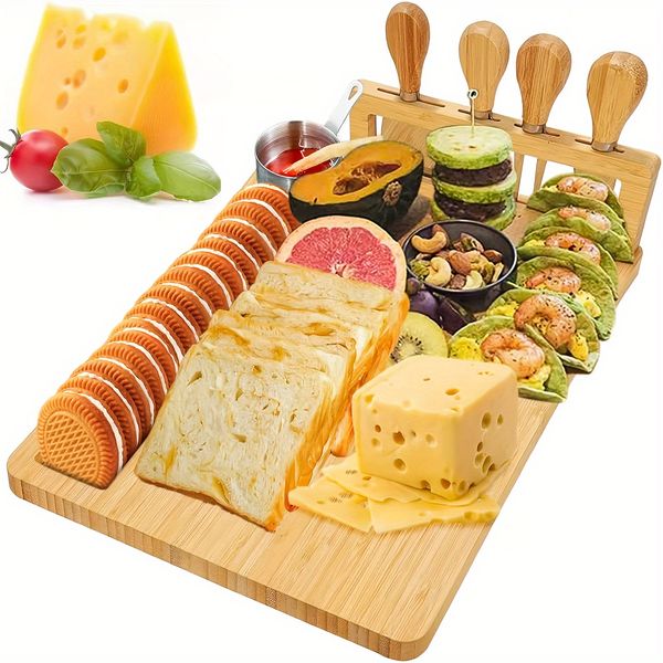 

Bamboo cheese board cheese tray with 4 sets of stainless steel tableware cheese knife cheese slicer fork spoon kitchen cooking tools