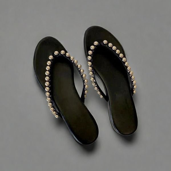 

Black minimalist sheepskin women's flip flops handmade genuine leather fabric elegant temperament lazy feeling bottom soft to wear comfortable artistic sandals