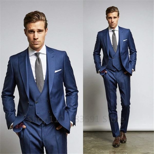 Navy Blue Mens Wedding Set Groom Wear Collar Tuxedos Business Party 3Piece JacketVestPants 240809