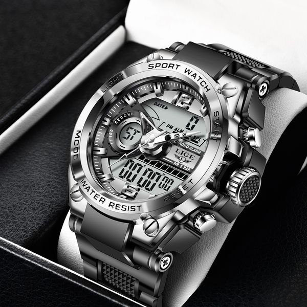 

LIGE fashion new men's dual display electronic watch multifunctional waterproof night light sports timing code watch, Black