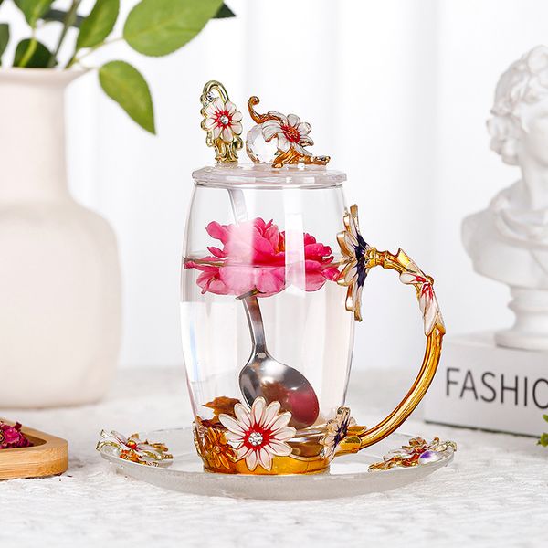 

Chrysanthemum coffee cup Round enamel color water cup high temperature resistant crystal glass light luxury transparent tea cup, Transparent color