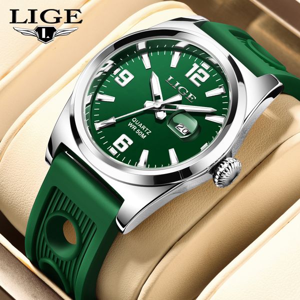 

LIGE Youth fashion Quartz Watch Middle school students learn timer Men's Business waterproof watch personalized silicone strap, Silver green