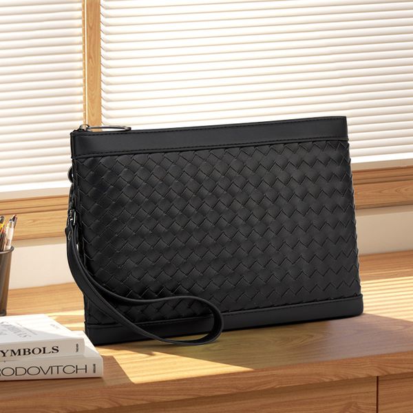 

New handwoven men's clutch bag multi-slot simple soft leather clutch bag Business commuting mobile coin wallet, Black