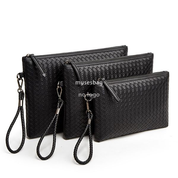 

New woven leather clutch bag Men's wallet Soft clutch Large capacity phone bag Business underarm bag, Black