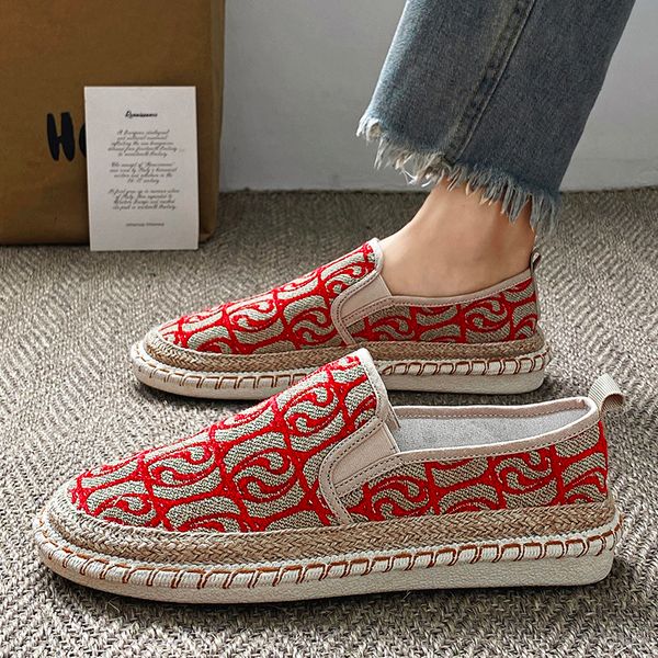 

Street tide canvas tassel fashion comfortable sandals hand woven asual breathable shoes retro pattern trend slippers straw cloth shoescloth shoes wholesale, Grey