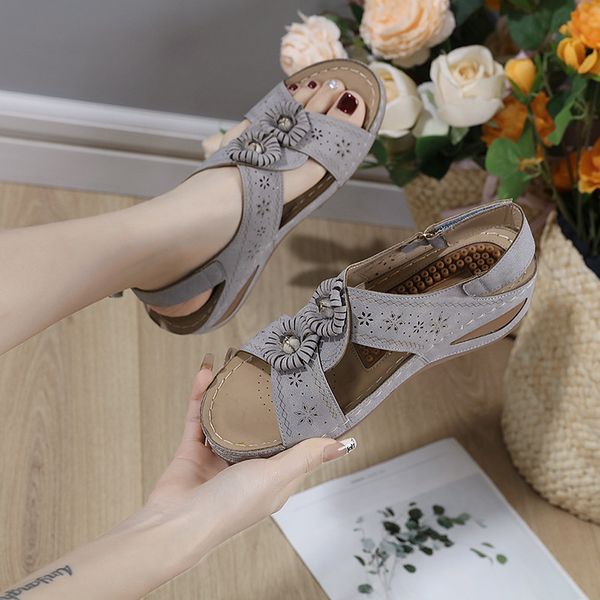 

Elegant retro womens sandals comfortable and light frosted leather sandals wedge massage particles fashion mother shoes Joker hollow carved women's slippers, Dark brown