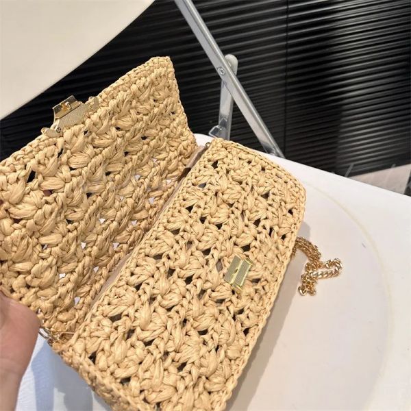 

Woman Straw Chain Crossbody Designer Bag Crochet Beach Bags Small Phone Purse TOP 2024, Beige