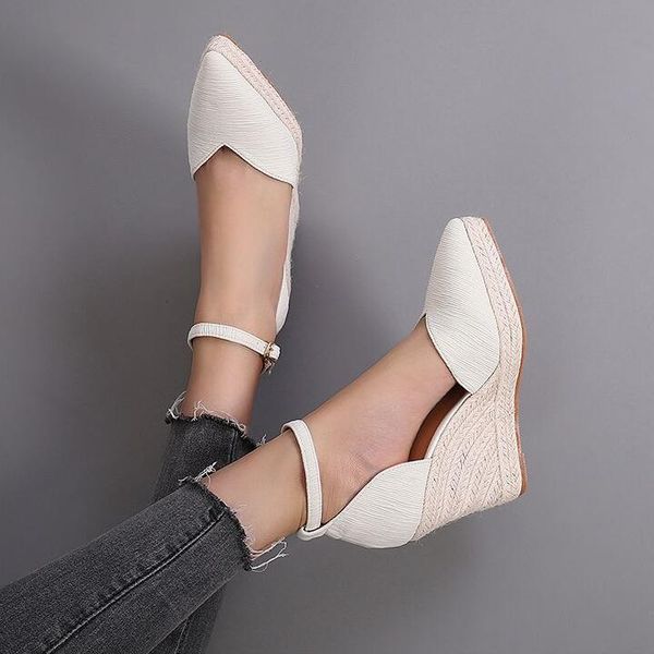 

Joker simple summer sandals pointed wedge platform womens sandals buckle straw rope edge fashion women shoes elegant atmosphere satin leather shoes, Black