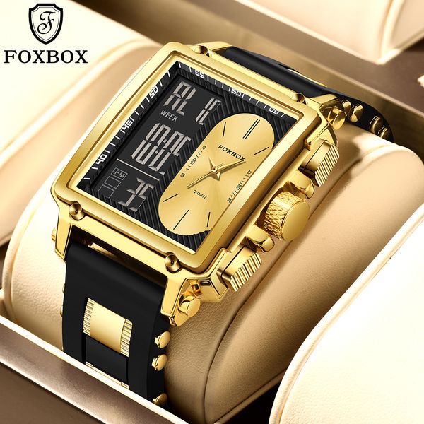

LIGE Men's Square Sports Watch Silicone Strap Multi functional Waterproof Alarm Clock Night Light Watch Men's Dual Display Electronic Watch, Silver
