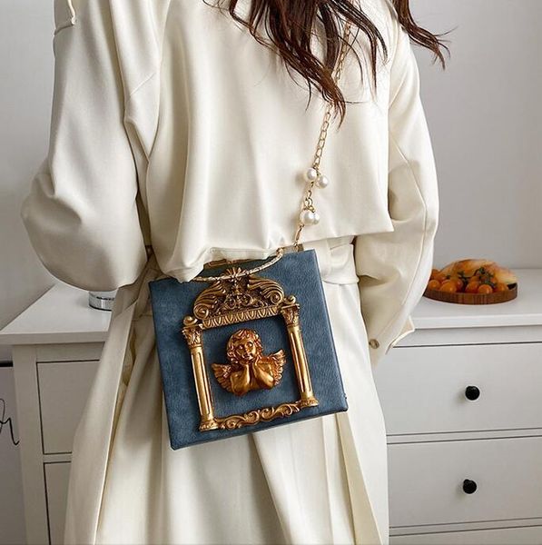 

Personality womens leathers messenger bags sweet and lovely carved angel chain bag street trend shaping hard box leather handbag elegant Pearl women handbag, Sky blue