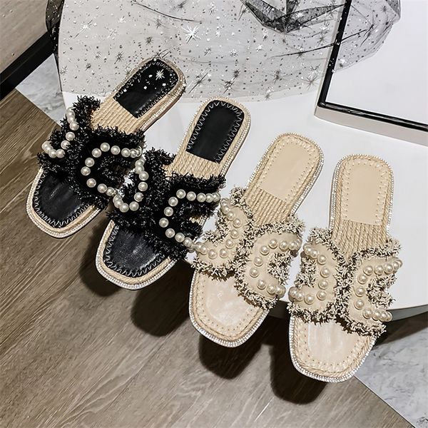 

Fashionable summer straw slippers beach holiday shopping leisure woven slippers sweet little fragrance Pearl ladies sandals comfortable diamond fisherman shoes, Beige
