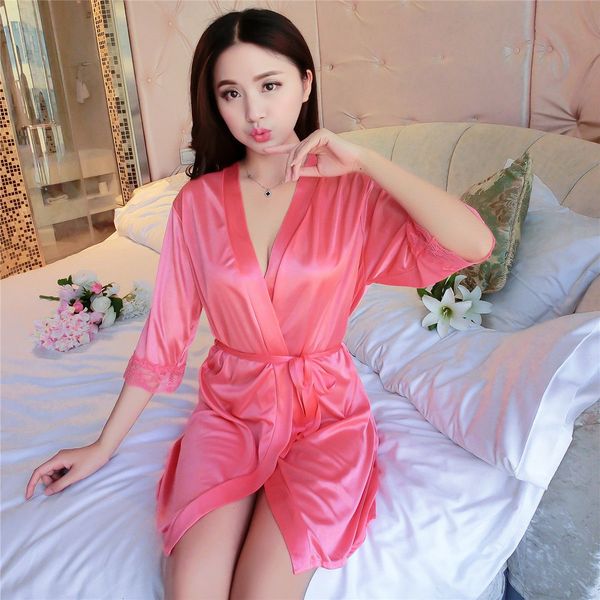 

Jingchun Fun Underwear Women's Sexy Oil Glow Ribbon Bathrobe Pajamas, Rose red