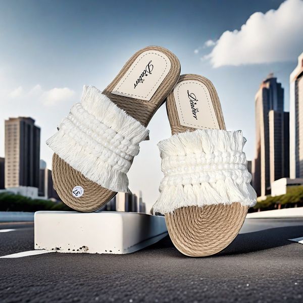 

Fashion summer sandals Bohemian hand woven fringed women's slippers are comfortable and light flat sandals with sweet pearls and straw wedge sandals, Image color/8357