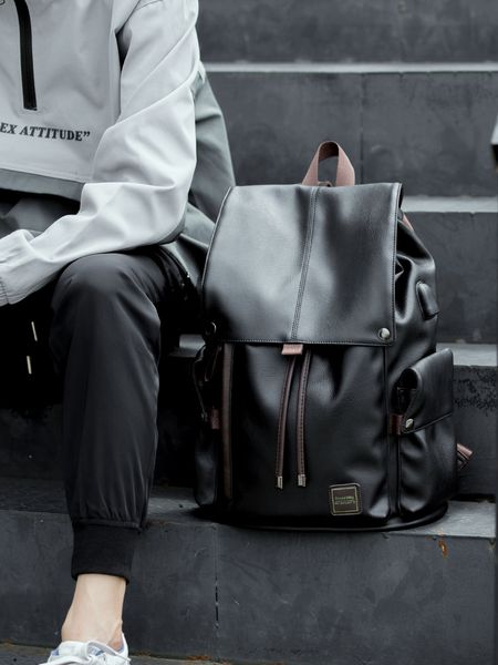 

New Korean backpack men's leather fashion travel bag schoolbag casual men's bag backpack, Black