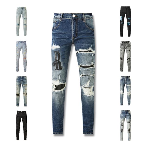 

designer jeans men pant mens slim fit elastic embroidery fashion skinny denim jean style cat whisker whitening men's broken hole denim jeans for mens pants black, Colour1