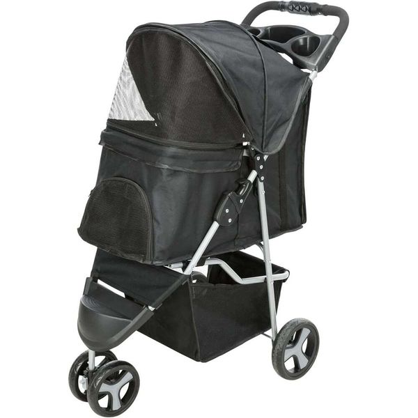 

Foldable Stroller for Cats and Dogs Pet Carrier Strolg Cart with Weather Cover Storage Basket Cup Holder Black, Beige