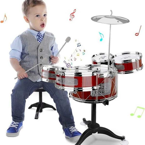 Kids Drum Set Musical Toy Drum Kit for Toddlers Jazz Drum Set with Stool 2 Drum Sticks Cymbal and 5 Drums Musical Instruments Y240813