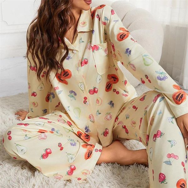 

Home Clothing ral Fruit Print Summer Milk Silk Pamas Plus Size Y2K Womens Long-sleeved Button-down Shirt&Wide-leg Pants Sleepwear 2 Pcs