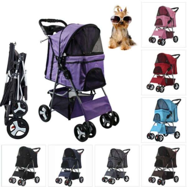 

US Pet Dog Stroller, 4 Wheel, Foldable, Cat, Puppy, Travel Carriage with Storage Basket, Beige